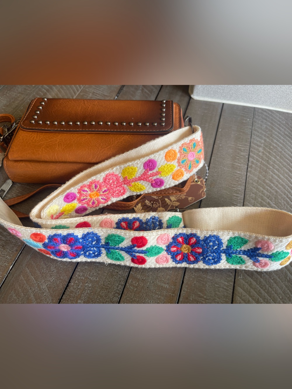 Tan Leather Crossbody Bag with Studded Front Panel and Colorful Strap